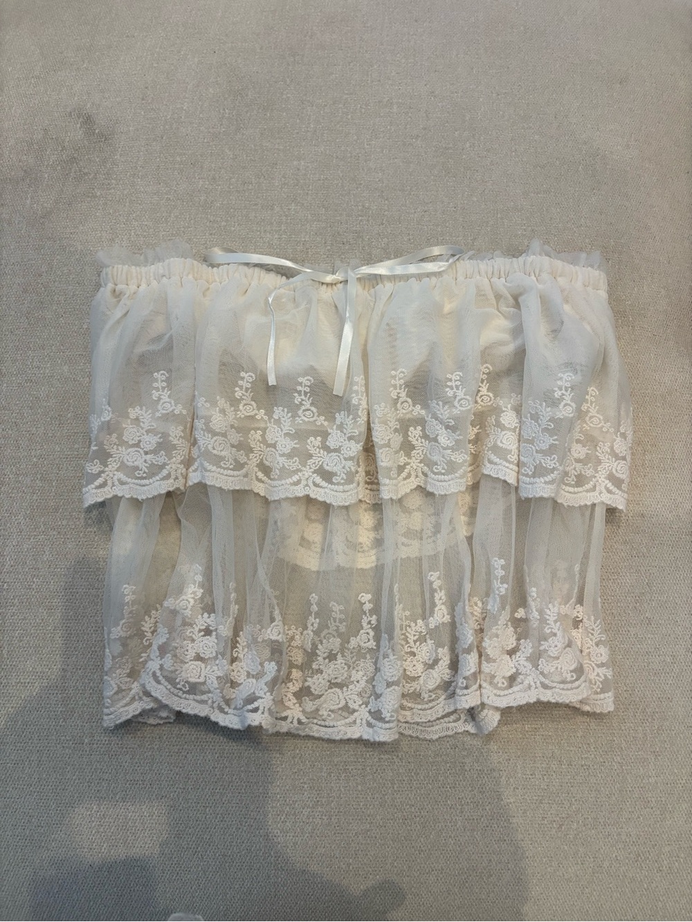 Free People Ivory Lace Off-Shoulder Ruffle Crop Top
